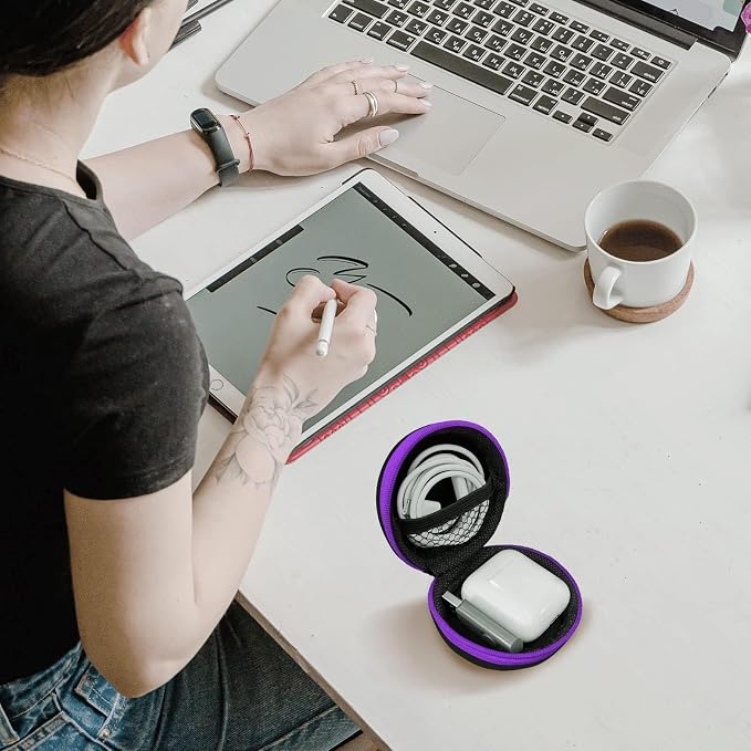 Round Earbud Case Portable EVA Carrying Case Storage Bag Cell Phone Accessories Organizer with Carabiner for Earphone, Earbud, Earpieces, SD Memory Card, Camera Chips, Purple - Image 6