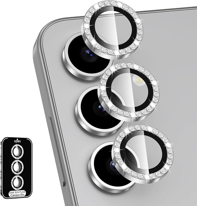 for Samsung Galaxy S24 Plus Camera Lens Protector, Individual Metal Ring Tempered Glass Lens Cover, [Strong Adsorption] Scratch Resistant Ultra-Thin HD Clear Lens Cover, 1 Set-Slivery Diamond by Btscase