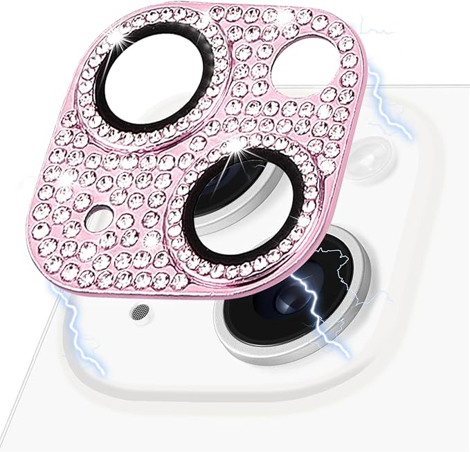 Designed for iPhone 14 and iPhone 14 Plus Camera Lens Protector, Bling 3D Rhinestone Sparkle Diamond 9H Tempered Glass Camera Cover Anti Scratch Lens Screen Full Protective Cover, Pink by Hsefo