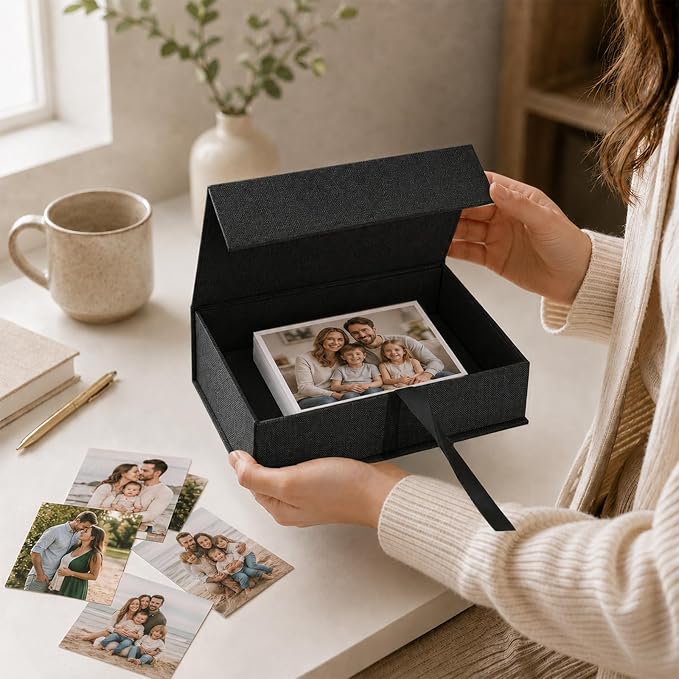 Vienrose Small Photo Storage Box, 5"x7", Linen Postcard Keeper, Black | 1Pc Sturdy Linen Cover Box for Photos, Postcards & Sticker Storage, Perfect for Home, Office, Craft Room, and Travel - Image 3