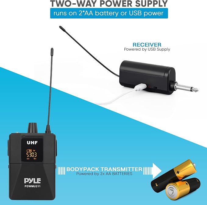 Pyle Dual UHF Microphone System - Portable Professional Cordless Microphone Set Wireless Mic Kit w/Headset / Lavalier Mic, Beltpack Transmitter, Receiver - Karaoke & Conference - Pyle PDWMU211,Black - Image 6