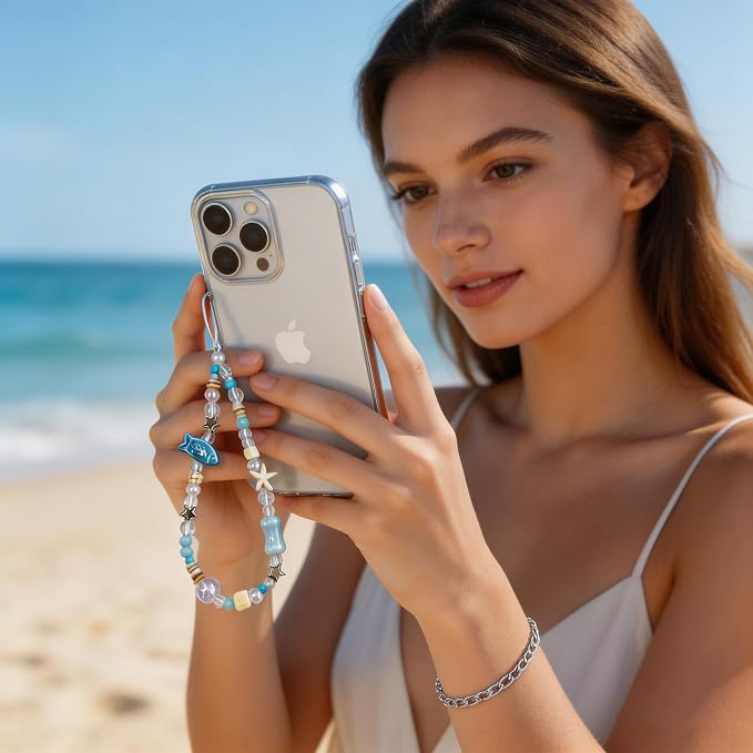 2 Pcs Phone Charm Strap Hand Wrist Strap Camera Lanyard Pearl Beaded Cute Chain String Accessories Universal for iPhone 17 Pro Max 16 15 for Samsung Women Girls Keychain Bag Blue Fish and Green Beads - Image 3