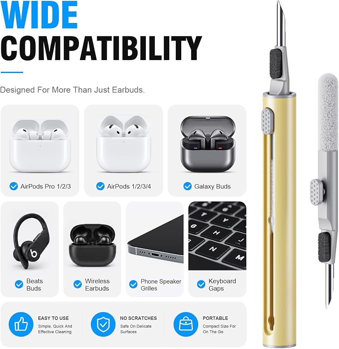 Hyashee Cleaner Kit for Airpods Pro 1 2 3 Multi-Function Cleaning Pen with Soft Brush Flocking Sponge for Bluetooth Earphones Case Cleaning Tools (Yellow) - Image 6