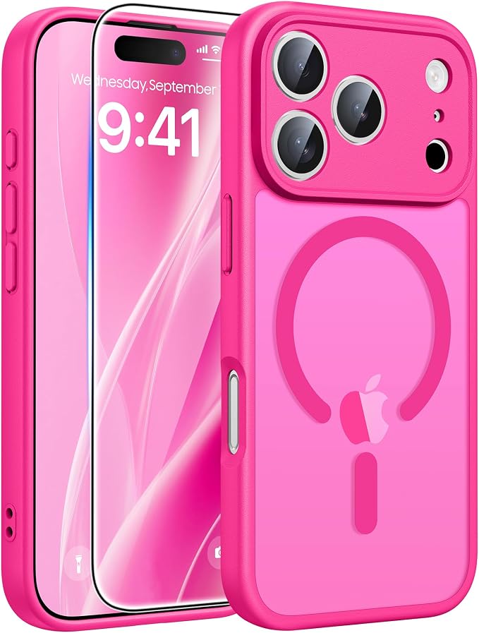 FNTCASE for iPhone 17 Pro Max Case, Fit for Magsafe, Screen Protector | Full Camera Protection, Translucent Matte, 14FT Military Grade Drop Proof, Shockproof Protective Phone Cover, Hot Pink by FNTCASE