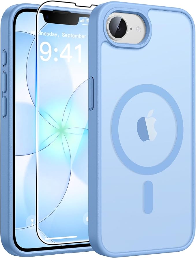 FNTCASE for iPhone 17e/ iPhone 16e Case, Fit for Magsafe, Screen Protector | Translucent Matte Magnetic Back, 14FT Military Grade Drop Protection, Shockproof Protective Phone Cover, Light Blue by FNTCASE