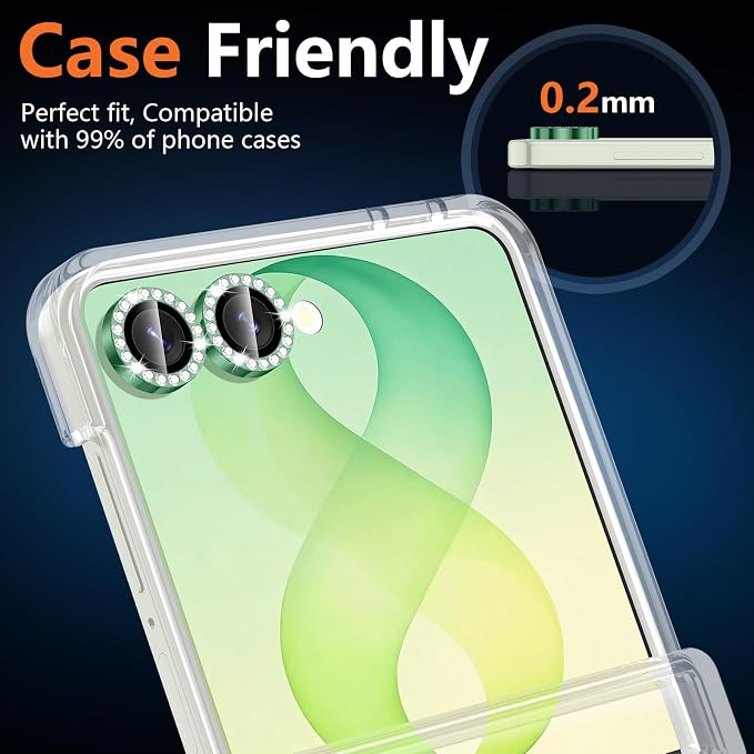 for Samsung Galaxy Z Flip 8 Camera Lens Protector, Individual Metal Ring Tempered Glass Lens Cover, [Strong Adsorption] Scratch Resistant Ultra-Thin HD Clear Lens Cover, 1 Set-Green Diamond - Image 6