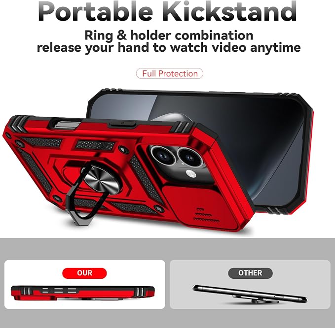 SunStory Compatible with iPhone 17 Case with HD Screen Protector & Slide Camera Cover & Rotated Ring Kickstand, [Military-Grade] iPhone Case for iPhone 17,Red - Image 2