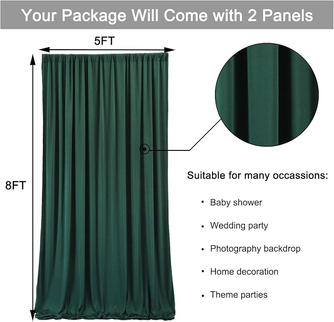 10 ft x 8 ft Wrinkle Free Hunter Green Backdrop Curtain for Parties, Fabric Dark Green Photo Backdrop Drapes 2 Panels 5x10ft for Baby Shower Wedding Birthday Party Photography Curtains - Image 5