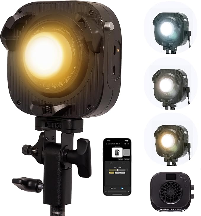 Amaran Halo 60X COB Led Video Light 60W Bi-Color 2700k-6500k,Bowens Mount | Silent Photography Lighting,3270lux@1m,Ultra-Compact Travel Light,USB-C PD Power,App/NFC Control,for YouTube TikTok Studio by amaran