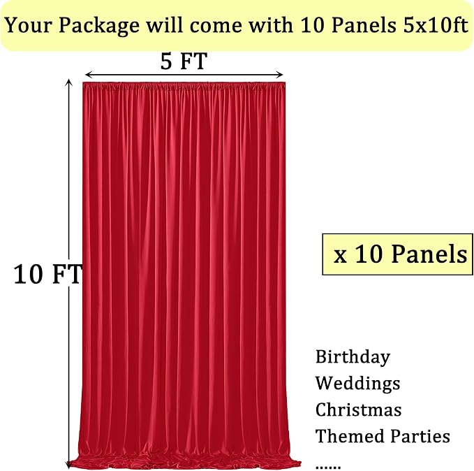 50ft x 10ft Wrinkle Free Red Backdrop Curtains for Parties, 10 Panels 5x10ft Silky Polyester Photo Backdrop Drapes for Christmas Weddings Birthday Party Photography Background Decor - Image 3