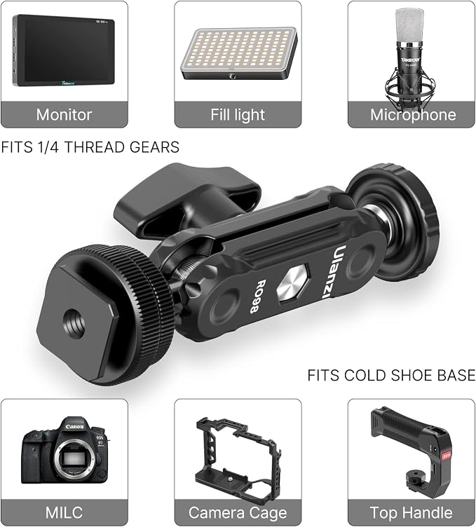 R098 Cold Shoe Monitor Mount, 1/4" Rotatable Dual Ballhead Hot Shoe Mount | Microphone Fill Light Camera Monitor Swivel Bracket Compatible with DJI OSMO 360/Pocket 3/Pocket 4/Insta 360 x 5/Sony/Canon - Image 2