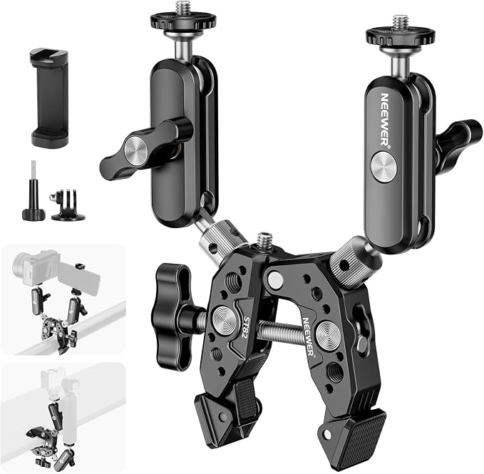 NEEWER Heavy Duty Super Clamp with Two 360° Dual Ball Head Magic Arms, 1/4" 3/8" Screw Threads, Phone & Action Camera Mount Adapter for Flat/Round Surface Compatible with GoPro DJI Insta360 DSLR by Neewer