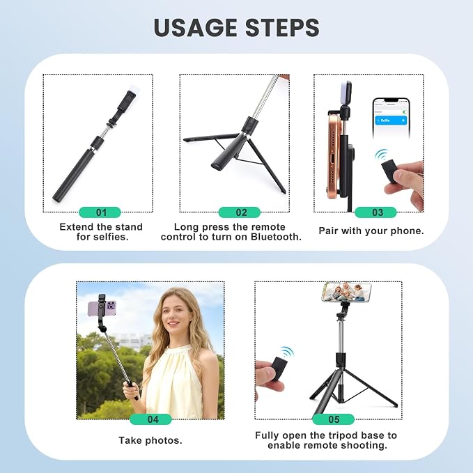 67Inch Extendable Phone Selfie Stick with Wireless Remote, Tripod Stand and Fill Light, Portable, for Photograph, Live Streaming, Video Recording, Compatible with iPhone Samsung Android Gopro - Image 6