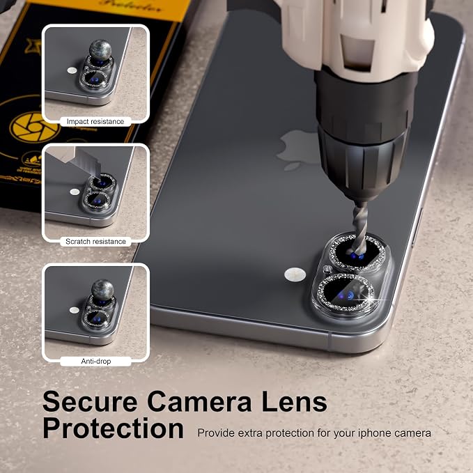 for 6 Pack iPhone 16 / iPhone 16 Plus Camera Lens Protectors, Glitter Black | [Drop Protection] [Case Friendly] [Easy Installation] 9H Tempered Glass Camera Screen Protector Cover Accessories - Image 4