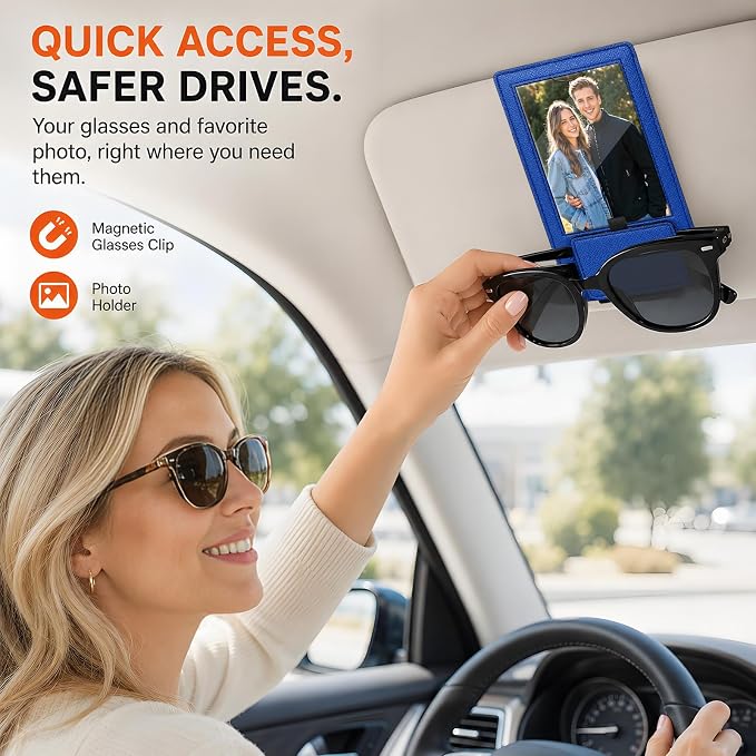 2-in-1 Car Visor Sunglasses & Photo Holder, Magnetic PU Leather Glasses Clip with Picture Display Slot, Universal Sun Visor Organizer for Eyeglasses, Personalized Cards & Memories, Royal Blue - Image 2