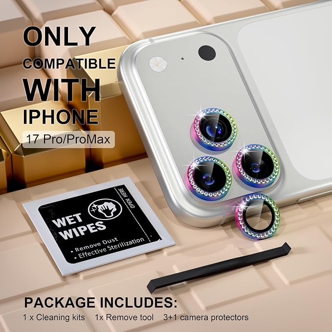 Misea Compatible for iPhone 17 Pro/iPhone 17 Pro Max Camera Lens Protector | 9H Tempered Glass Ultra HD Bling Camera Screen Protector Cover Metal Individual Ring Decoration Accessories, Colorful Diamond - Image 2
