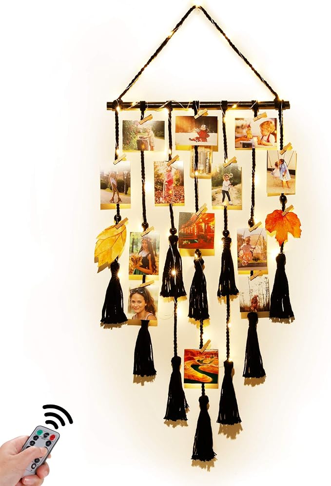 Homecor Hanging Photo Display Wall Decor, Black Macrame Hanging Boho Room Decor, Picture Frame Collage with Remote Light 30 Clips, Bedroom Apartment Home Decor, Christmas Mom Grandma Teen Girl Gifts by HOMECOR