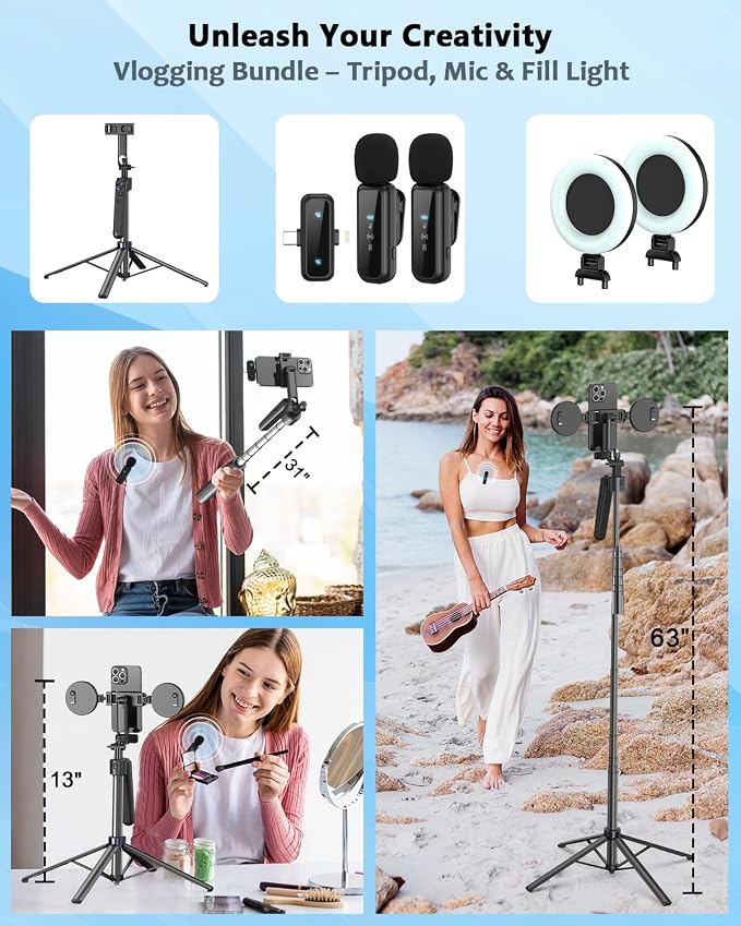 Vlogging Kit for iPhone/Android, 63”Auto Face Tracking Tripod for iPhone with Light, Wireless Microphones, Scrolling Remote Control for TikTok, Content Creator Kit for YouTube Starter - Image 7