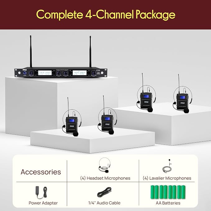 Pyle 4 Channel UHF Wireless Microphone System with 4 Lavalier & 4 Headset Mics, 300 Ft Range, Rack Mount Receiver for Conferences, Events & PA Systems - Image 7