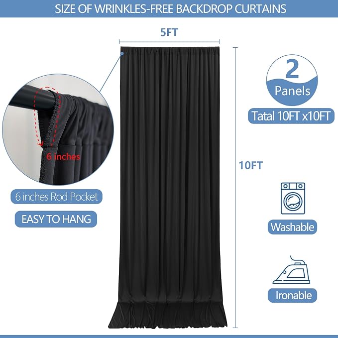 10x10ft Wrinkle Free Black Backdrop Curtain for Parties Soft Fabric Drapes Wedding Black Curtain Backdrop for Birthday Party Decorations Background for Photography 5x10ft, 2 Panels - Image 3