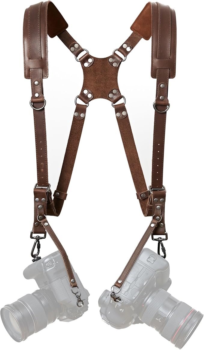 Padwa Lifestyle Dual Camera Harness Strap for Two-Cameras - Dual Shoulder Full Grain Leather Harness,Multi Double Camera Gear for DSLR/SLR Strap,Double Camera Harness for Photographers,Brown by PadwaLifestyleCameraStrap