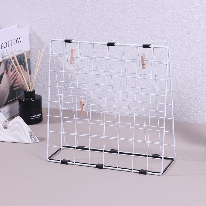 Photo Display Rack, Note Display Rack, Double-sided Photo Metal Rack, Suitable for Use As a Home Desk Photo Organizer, With 20 Wooden Clips, White - Image 5