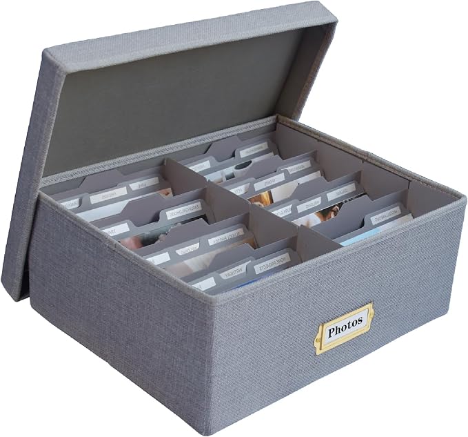 Linen Photo Storage Box – Holds 1700 Photos, Photo Organizer with Lid for Photo, Pictures, 24 Adjustable Dividers & 72 Labels Multi-Use Organizer Memory Box for Envelopes, Baby, Wedding, Cards Grey by Sprsthai
