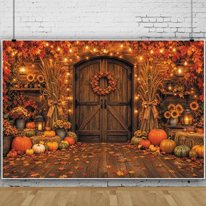 Rustic Barn Wooden Door Fall Backdrop 12x8ft Brick Wall Maple Leaf String Light Thanksgiving Background Pumpkin Sunflower Haystack Harvest Autumn Famliy Party Decorations Vinyl by Leowefowa