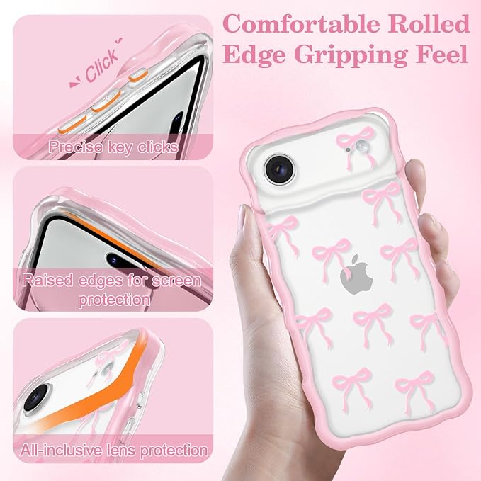 QLTYPRI for iPhone Air Pink Bow Case, Clear Cute Pink Ribbon Bow Phone Case Curly Wavy Aesthetic Phone Cover, Soft Slim Transparent TPU Shockproof Protective Cover for Women Girls - Ribbon Bow - Image 3