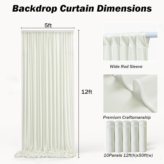 50x12 ft Ivory Backdrop Curtains for Weddings Parties, Birthdays and Photos | 10 Panels 5x12 ft, Wrinkle-Free Polyester Drapes, Washable, Ironable, 4 in Rod Pocket for Baby Showers Photography Background - Image 6