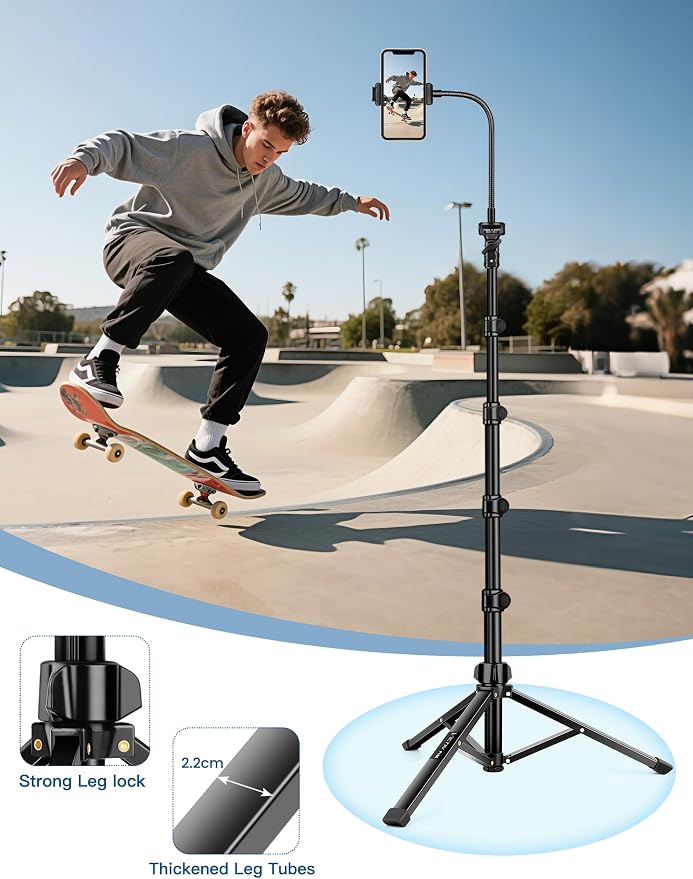 Phone Tripod Stand, 85" Tall Cellphone Tripod for iPhone with Gooseneck | Flexible Portable Phone Stand with Remote for Recording, Compatible with iPhone 14 13 12 Pro Android Camera - Image 3