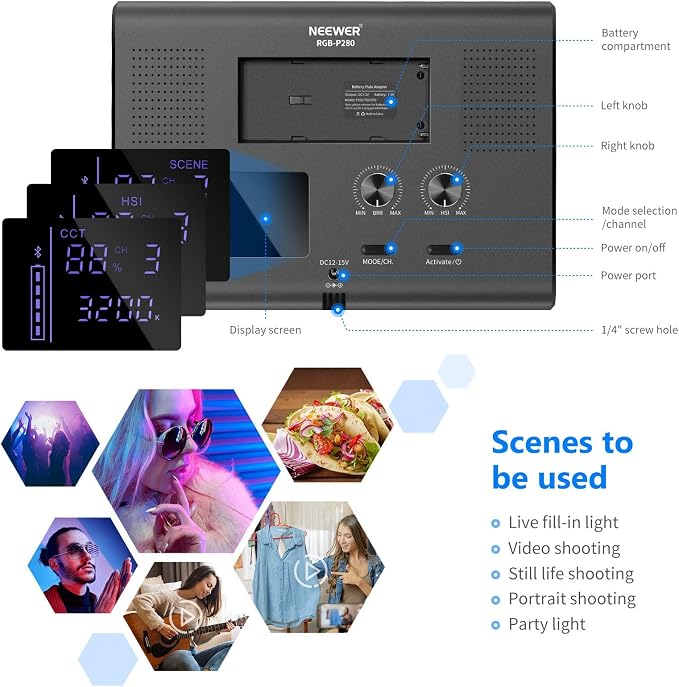 NEEWER 2 Pack RGB Video Light with Tripod Stands NP-F550 Batteries, Studio LED Panel Key Lighting Kit for Game Streaming YouTube Recording Photography Photoshoot Podcast, APP Control/CRI97+, RGB-P280 - Image 9
