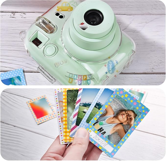 Rieibi Instax Mini 12 Accessories Gift Bundle: Clear Case with Strap, Photo Album, Selfie Mirror, Color Filters, DIY Stickers - Green - Image 6