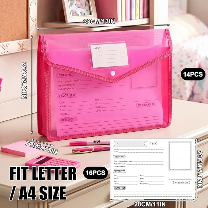 Motipuns 14 Pack K-12 School Memory Box Back to School, Pink | Large Capacity Organizer, 16 Questionnaire Cards, Photo Album Keepsake Scrapbook, from Pre to 12th Grade File Picture Folder - Image 3