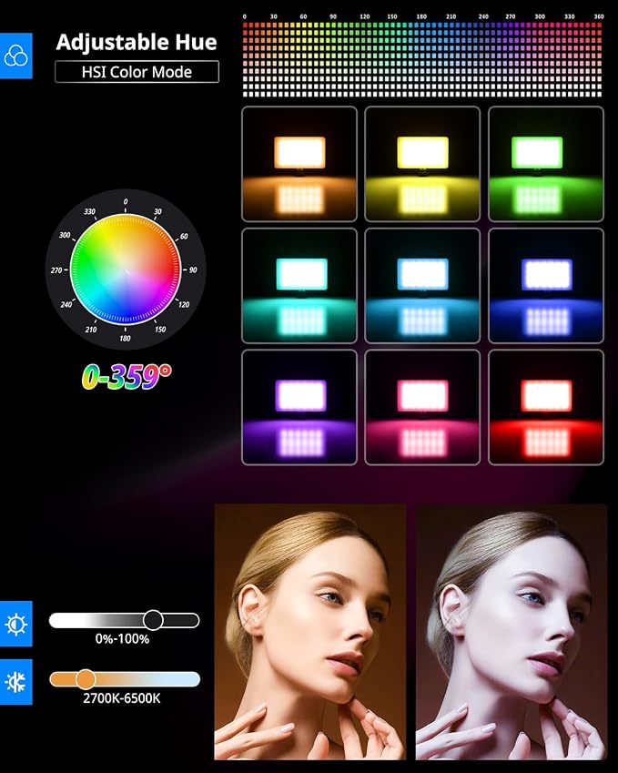 UBeesize 2-Pack RGB Photography Lighting, Studio Lights with Adjustable Tripod Stand and Ball Head, Video Light for Video Recording, Live Streaming, Makeup - Image 2
