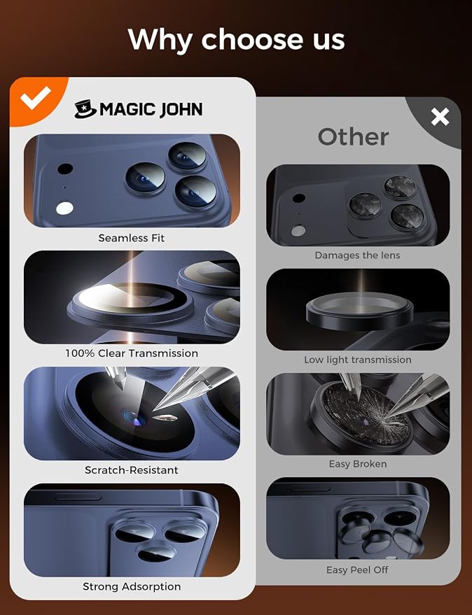 MAGIC JOHN 2 Pack Camera Lens Protector for iPhone 17 Pro 6.3 inch,Blue | Full Coverage, Metal Aluminum Alloy Camera Lens Film, HD Clear, Scratch Resistant, Case-Friendly - Image 6
