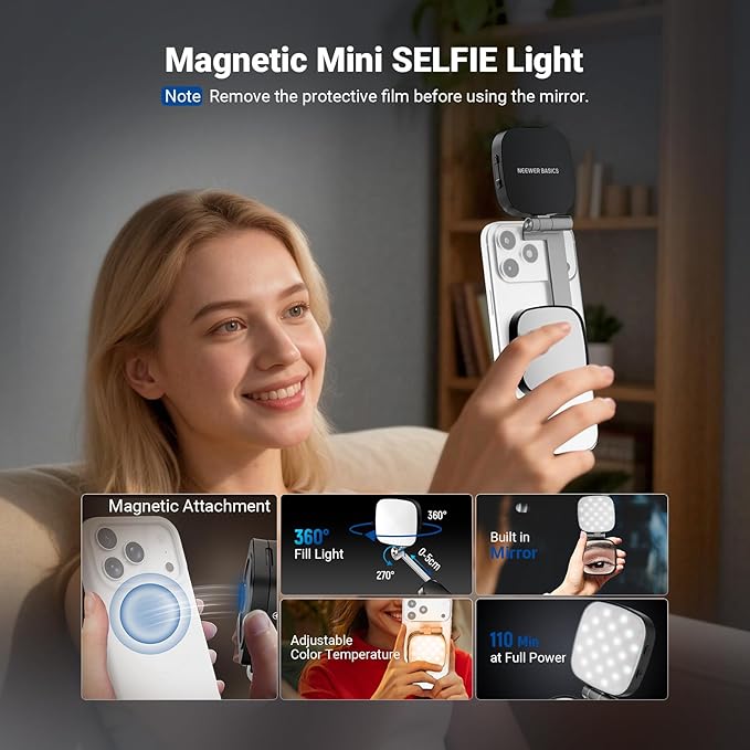 NEEWER Basics Magnetic Selfie Light Compatible with MagSafe iPhone, 2W CRI95+ Bi Color Swivel Small LED Phone Fill Lighting, 680lx/0.3m, Mirror for Vlog Recording Makeup Video Conference, NL45B Black - Image 3