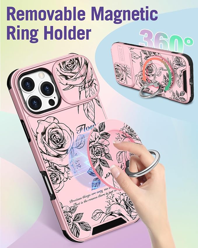 Buleens for iPhone 16 Pro Max Case 6.9 Inch - with Ring Stand & Camera Cover Aesthetic Cute Designed Women Girl Girly Pretty Kawaii Rose Flower Phone Case for iPhone 16 Pro Max Compatible with Magsafe - Image 5