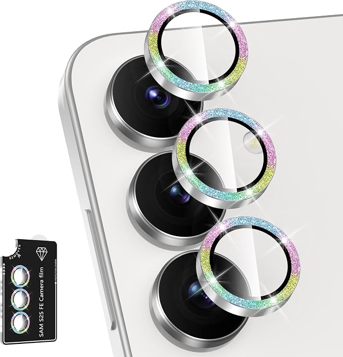 for Samsung Galaxy S25 FE Camera Lens Protector, Individual Metal Ring Tempered Glass Lens Cover, [Strong Adsorption] Scratch Resistant Ultra-Thin HD Clear Lens Cover, 1 Set-Colorful Sparkly by Btscase