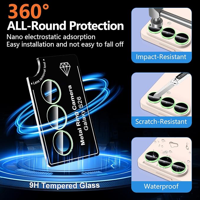 for Samsung Galaxy S26 Camera Lens Protector, Individual Metal Ring Tempered Glass Lens Cover, [Strong Adsorption] Scratch Resistant Ultra-Thin HD Clear Lens Cover, 1 Set-Green Shine - Image 4