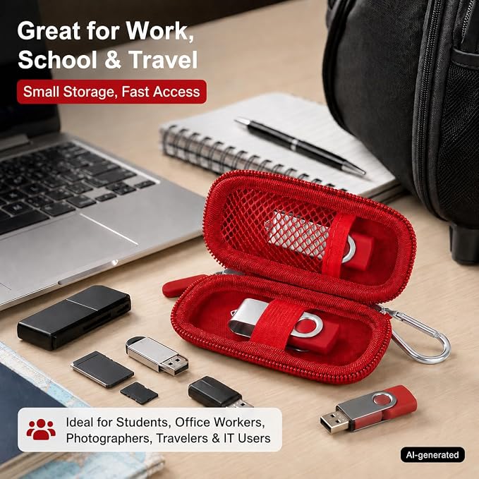 USB Flash Drive Case, SD Card/Thumb Drive/Memory Cards Holder, Bag Only | SDXC/SDHC Storage, Electronic Accessories Organizer for SanDisk / for Samsung, for Students/IT/Office/School/Travel, Red - Image 7