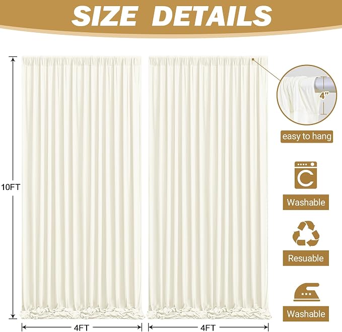 8ftx10ft Wrinkle Free Ivory Backdrop Curtain - 10 Feet Photography Backdrop Drapes, Silky Polyester Back Drop Cloth for Wedding Baby Shower Balloon Arch Background - Image 5