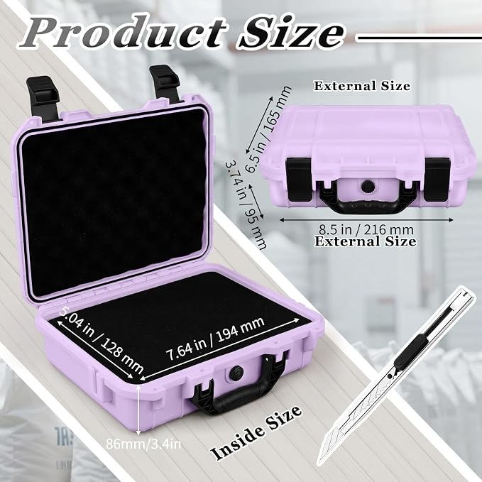 Relaxweex 1 Pcs Waterproof Hard Case with DIY Customizable Foam Insert Portable Protective Case with Knife for Camera Drones Equipments Tools Test Instruments(Purple,8.5 x 6.5 x 3.7 Inch) - Image 2