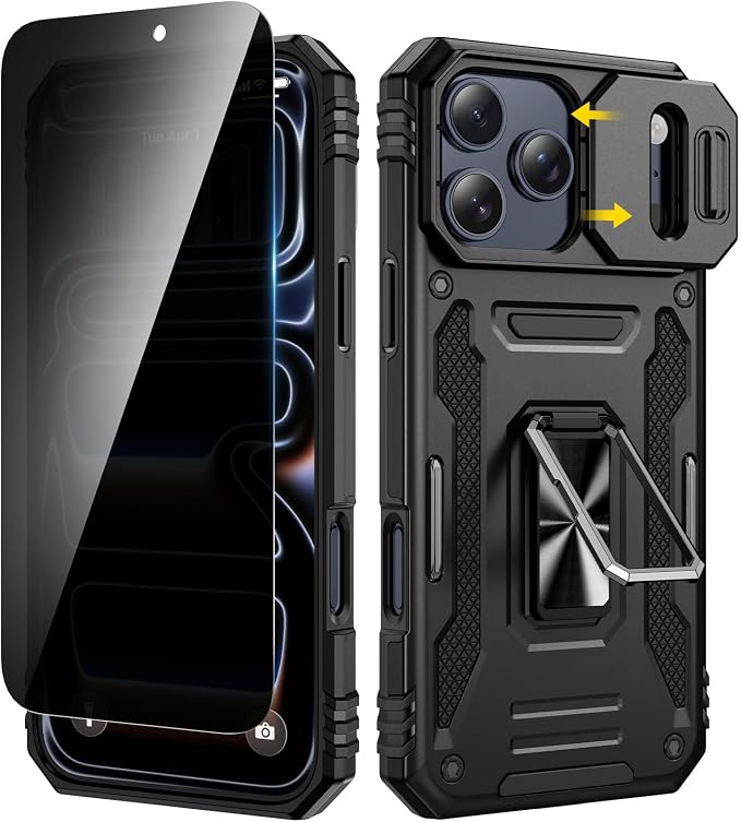 VEGO for iPhone 17 Pro Case with Privacy Screen Protector Black | Slide Camera Cover & Ring Kickstand Military Grade Heavy Duty Protection Cover for iPhone 17 Pro 5G 6.3 Inch - Black by VEGO