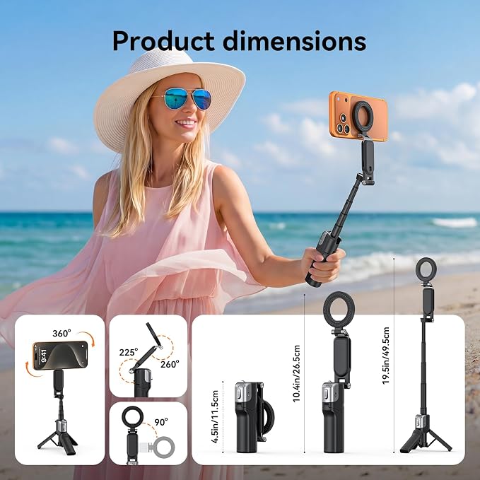 AMAZEAR Phone Camera Grip with Selfie Stick Tripod, Cellphone Accessories with Detachable Wireless Shutter Button for iPhone 16 17 Pro Max, Comfort Ergonomic Phone Handle Holder, Black with Light - Image 4