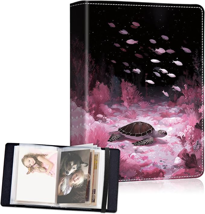 Small Photo Album 5x7, 60 Pockets Holds 120 Photos, Slip-in Pocket Photo Album with Black Elastic Band for Family Wedding Baby Travel Pictures, Pink Sea Turtle by Unknown