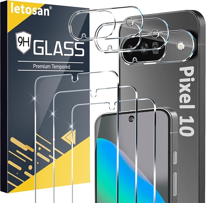 letosan 3 Pack for Google Pixel 10 Screen Protector Tempered Glass + 3 Pack Camera Lens Protector, Military Grade Shatterproof, 9H Hardness, Fingerprint Unlock,Case Friendly 6.3 Inch by letosan