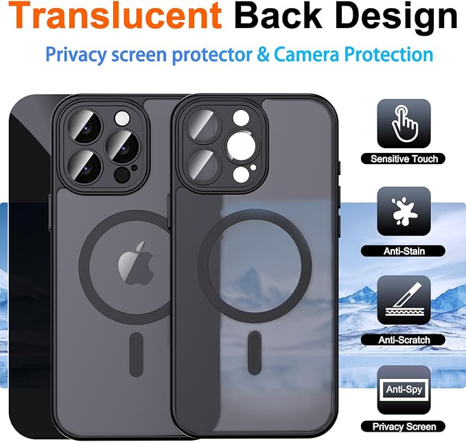for iPhone 14 Pro Case with Privacy Screen Protector, Black | Full Camera Protection, Translucent Matte Magnetic, Compatible with MagSafe, Shockproof Phone Cover, Slim Fit - Image 2