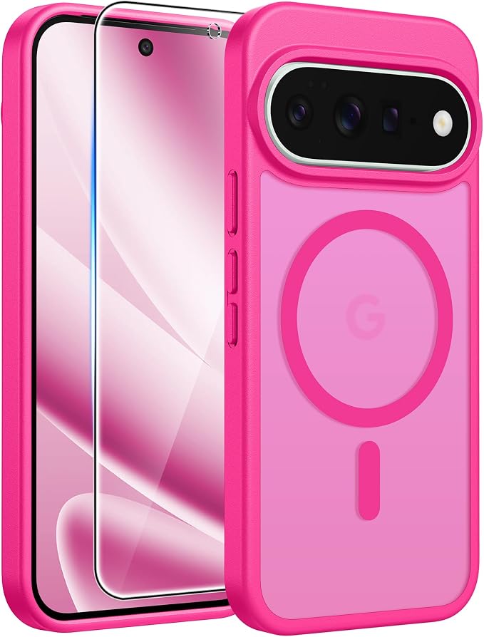 FNTCASE for Google Pixel 11 Pro XL Case, Fit for Magsafe, Screen Protector | Translucent Matte Magnetic Back, 14FT Military Grade Drop Protection, Shockproof Protective Phone Cover, Hot Pink by FNTCASE