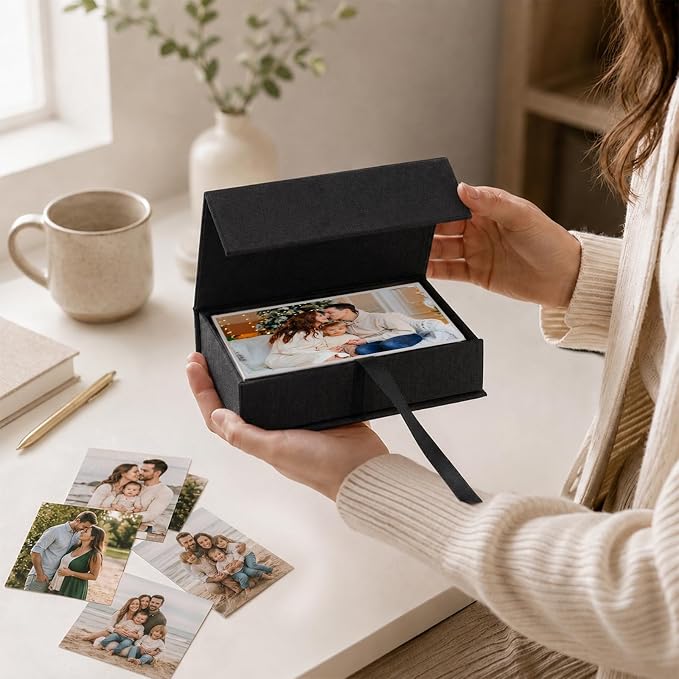 Vienrose Small Photo Storage Box, 4"x6", Linen Postcard Keeper, Black | 1Pc Sturdy Linen Cover Box for Photos, Postcards & Sticker Storage, Perfect for Home, Office, Craft Room, and Travel - Image 3
